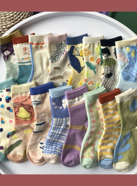 插画袜子女中筒袜卡通涂鸦ins潮 秋冬季日系可爱滑板复古街头长袜