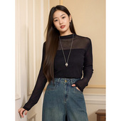 半高领长袖 特大码 女秋装 女漂亮洋气网纱拼接黑色显瘦简约内搭T恤
