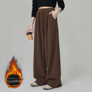 裤子大码女胖mm秋冬加绒显瘦遮胯阔腿裤美拉德咖啡色高腰宽松长裤