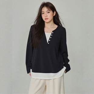 新款 秋季 巨显瘦200斤胖妹 上衣针织假两件V领炸街女装 甜辣胖mm大码