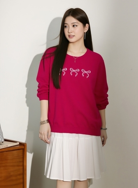 大码正肩胖mm显瘦上衣蝴蝶结刺绣枚红色遮肚女夏装针织衫清仓特卖