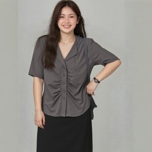设计感遮肚子短袖 上衣女夏款 胖mm特色针织衬衫 大码 弹力显瘦针织衫