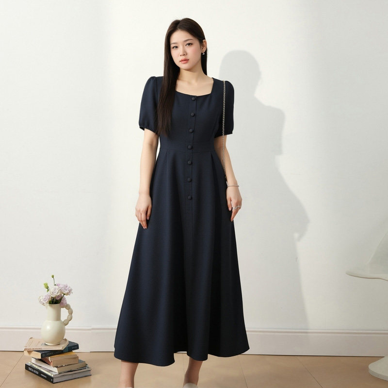 大码巨好看连衣裙宽松遮肚子2026新款方领a版绝美女装漂亮长裙子