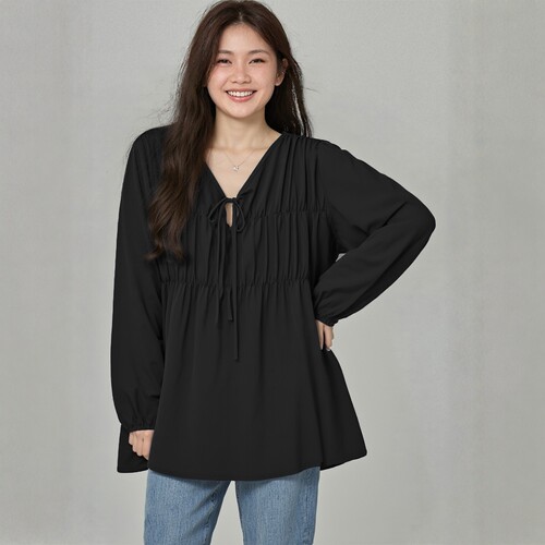 凤凰依屋宽松雪纺长袖绑带衬衫