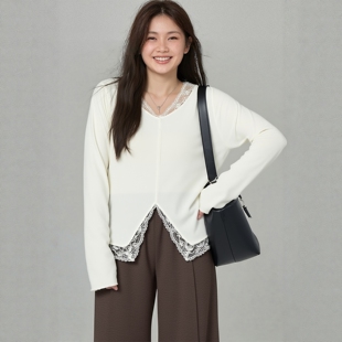不规则开叉宽松V领T恤 上衣绝美巨好看蕾丝拼接针织衫 胖mm大码 春装