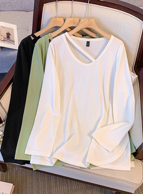 大码深v针织衫宽松遮肚240斤胖mm炸街上衣遮肚260斤可穿时尚T恤潮