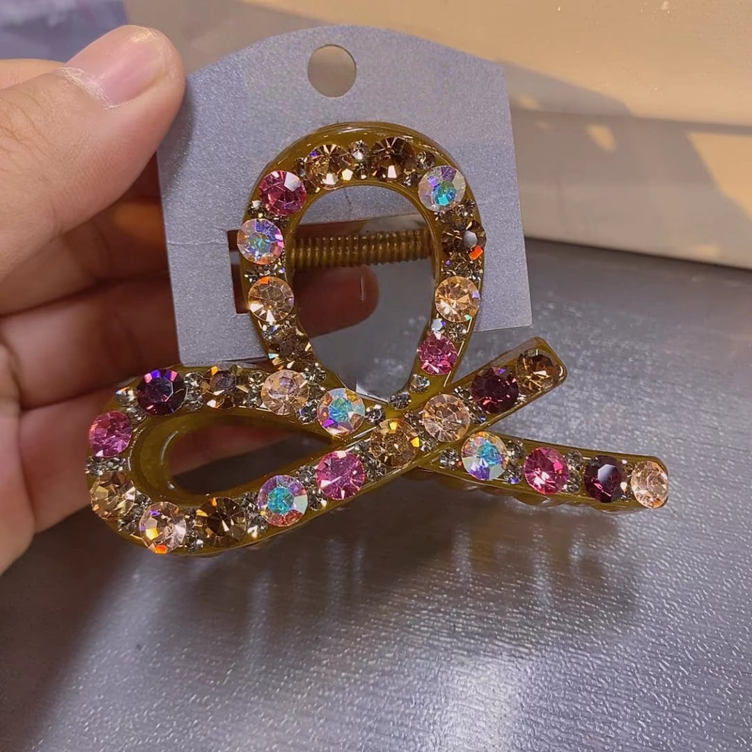 韩国质感高级感蝴蝶结满钻抓夹轻奢摩卡色系慵懒发饰8厘米