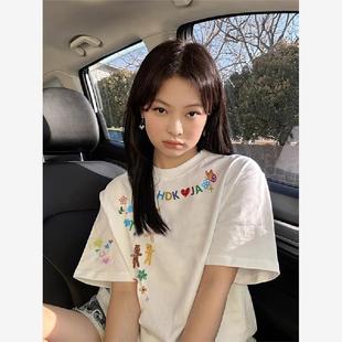 上衣 夏季 纯棉白色正肩短袖 t恤女2025新款 设计感小众潮牌百搭美式