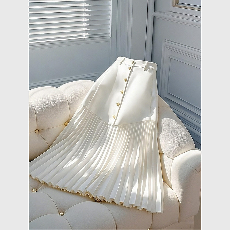 跨境高腰垂感白色职业半身裙女2025早春季梨型身材遮胯百褶拼接长