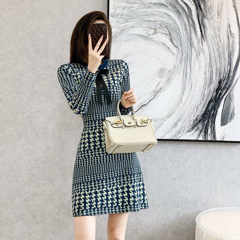 十三行女装2026新款韩系名媛小香风撞色高腰长袖毛衣针织连衣裙女