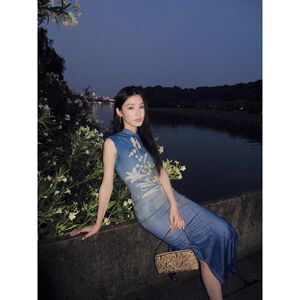 夏季新中式国风改良旗袍高端大气上档次日常可穿蓝色盘扣连衣裙女