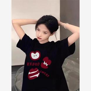 打底上衣潮 黑色纯棉圆领短袖 t恤女夏季 新款 气质别致宽松休闲半袖
