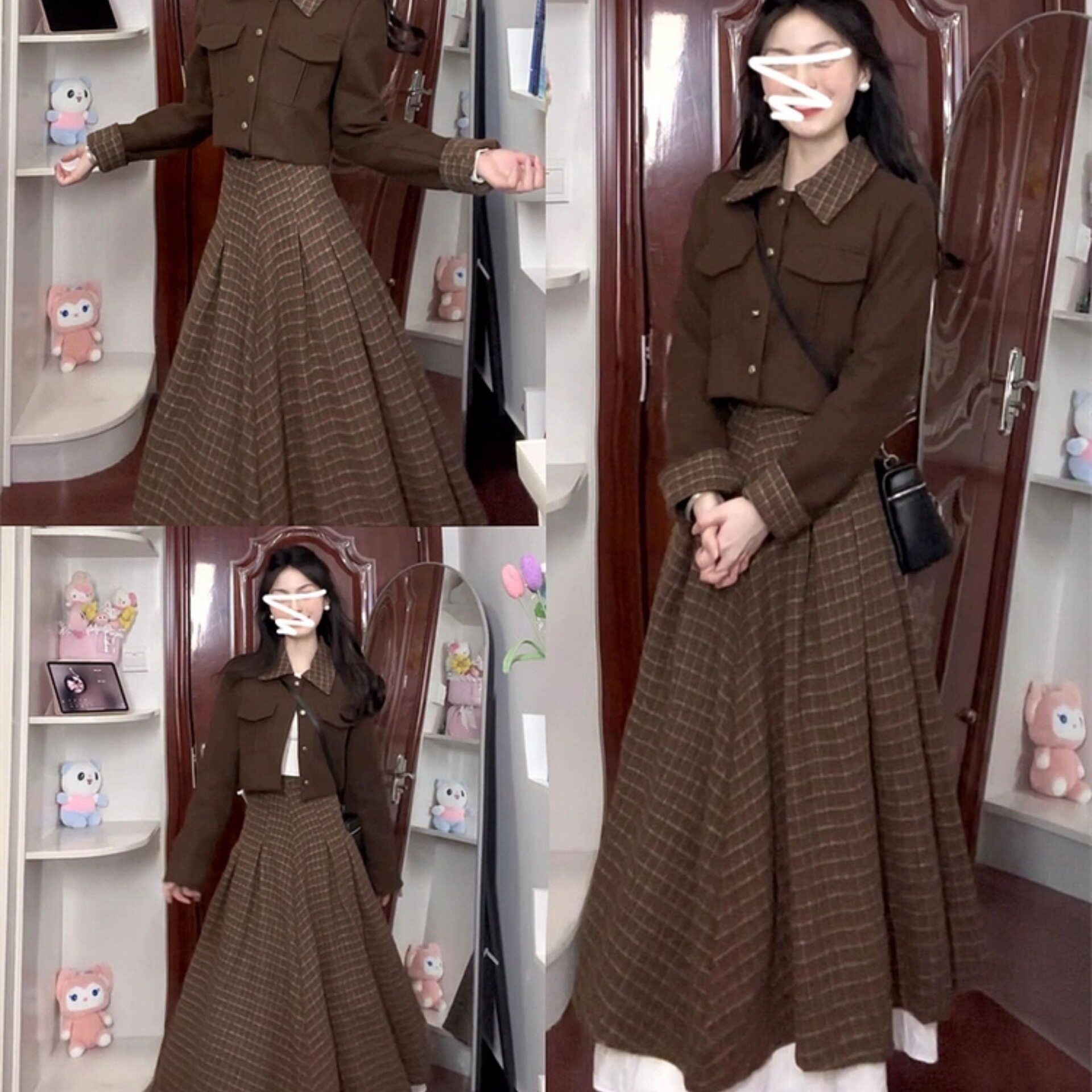 法式连衣裙子女春秋冬季新款富家千金小香风外套格子长裙穿搭套装