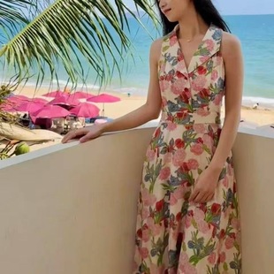 复古港风v领碎花挂脖连衣裙设计感小众气质收腰a字长裙女夏季 法式