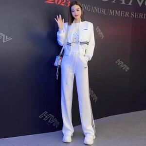 韩国网红爆款休闲运动套装女春秋季新款时尚夹克外套阔腿裤三件套
