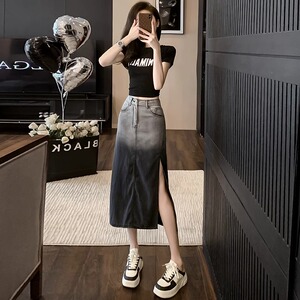韩国时尚潮流休闲运动套装女夏季新款短款上衣扎染牛仔半裙两件套
