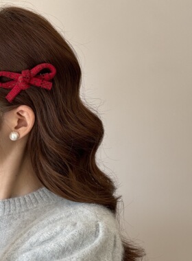 韩系红色圣诞氛围感针织蝴蝶结侧边发夹2025秋冬高级感气质刘海夹