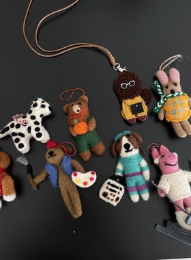 尼泊尔手工羊毛毡项链小众时髦可爱卡通小熊小猪挂件长款毛衣链子