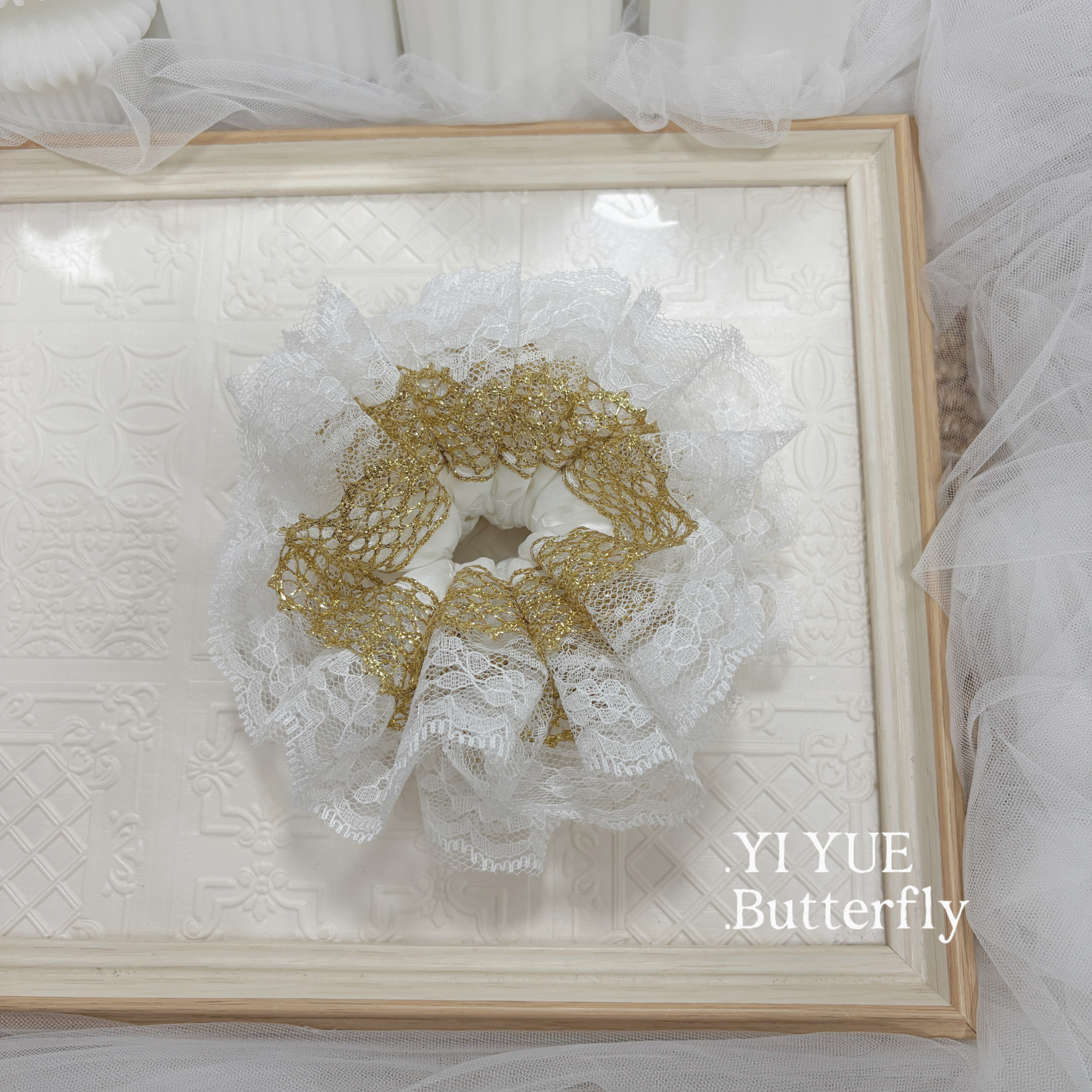 金色网纱高级新款蕾丝花边大肠发圈温柔少女盘发马尾头绳发饰新款