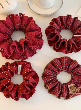 韩国红色格子蕾丝大肠发圈女高级感超大发绳丸子头百搭新年头饰品