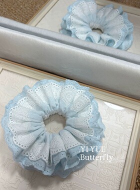 重工蓝色双层蕾丝花边大肠发圈女韩系扎头发丸子头发绳低马尾头绳
