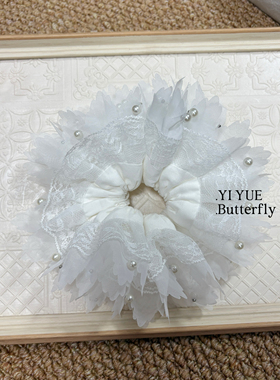 原创设计手工法式蕾丝珍珠大肠发圈芭蕾少女大号白色纱裙头绳头饰