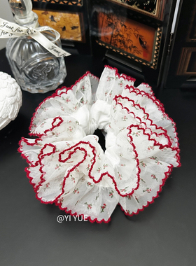 法式重工双层蕾丝绝美复古红色小碎花大肠发圈头花发绳饰品女韩国