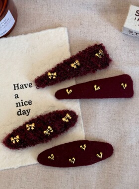 新年红色毛呢蝴蝶结爱心发夹发饰韩版圣诞安可拉红复古女边夹头饰