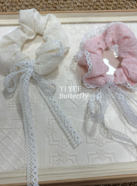 新款粉白蝴蝶结大肠发圈少女发圈粉色丝带蕾丝飘带发绳头绳皮筋女