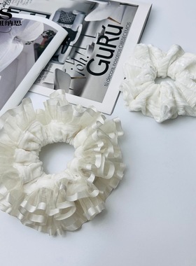 白色双层丝绒大肠发圈女甜美超仙扎头发丸子头发绳高级感头饰头花