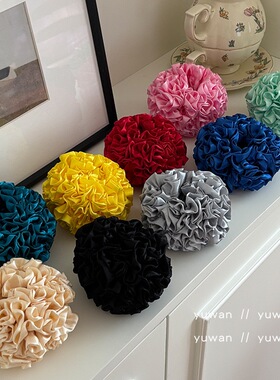 MONA同款头花绣球红色发圈优雅缎面大肠圈褶皱花边发饰扎丸子头饰