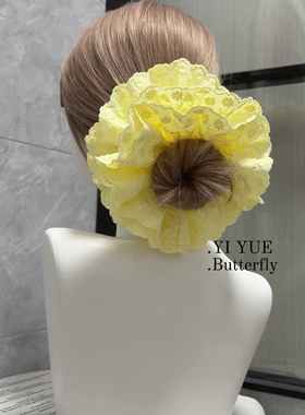 超大号重工蕾丝花边大肠发圈 韩系ins温柔黄色丸子头发绳头花新款