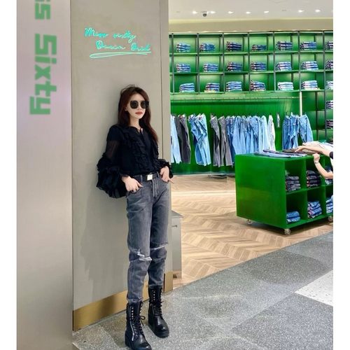 专柜直发秋季新款破洞宽松直筒长