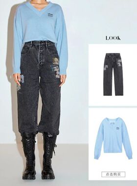 冬季英国国家美术馆联名系列印花阔腿牛仔裤女604JJ2810000