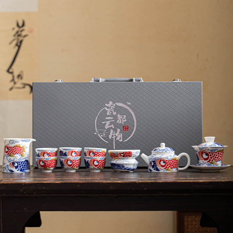 羊脂玉瓷盖碗茶壶茶杯整套金龙鱼图片