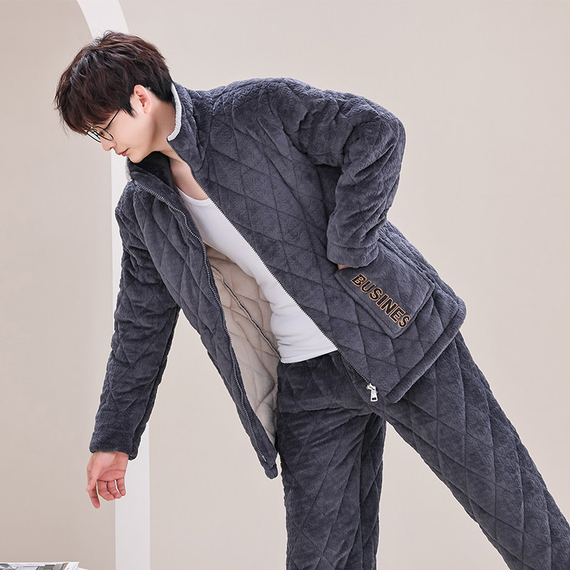睡衣男士秋冬季三层加厚加绒珊瑚绒夹棉袄保暖款家居服套装可外穿