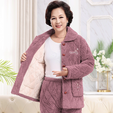 秋冬季女士睡衣三层加厚加绒珊瑚绒夹棉中老年人妈妈款家居服套装
