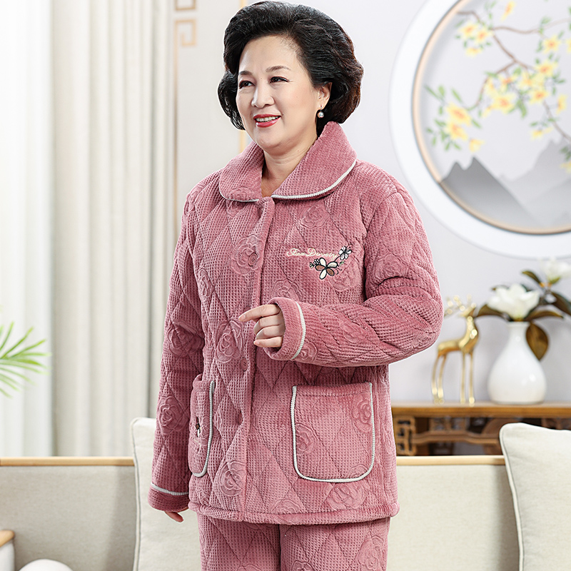 睡衣女士秋冬季珊瑚绒夹棉袄中老年加厚保暖加绒妈妈款家居服套装
