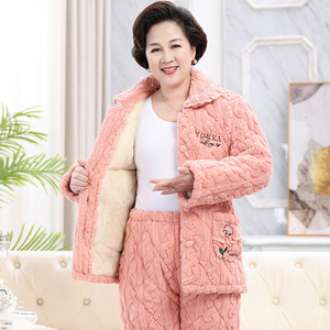 女士珊瑚绒夹棉加厚加绒睡衣保暖