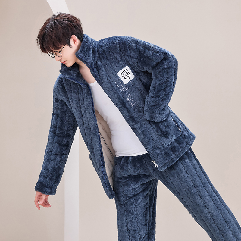 男士睡衣秋冬季加厚加绒套装保暖