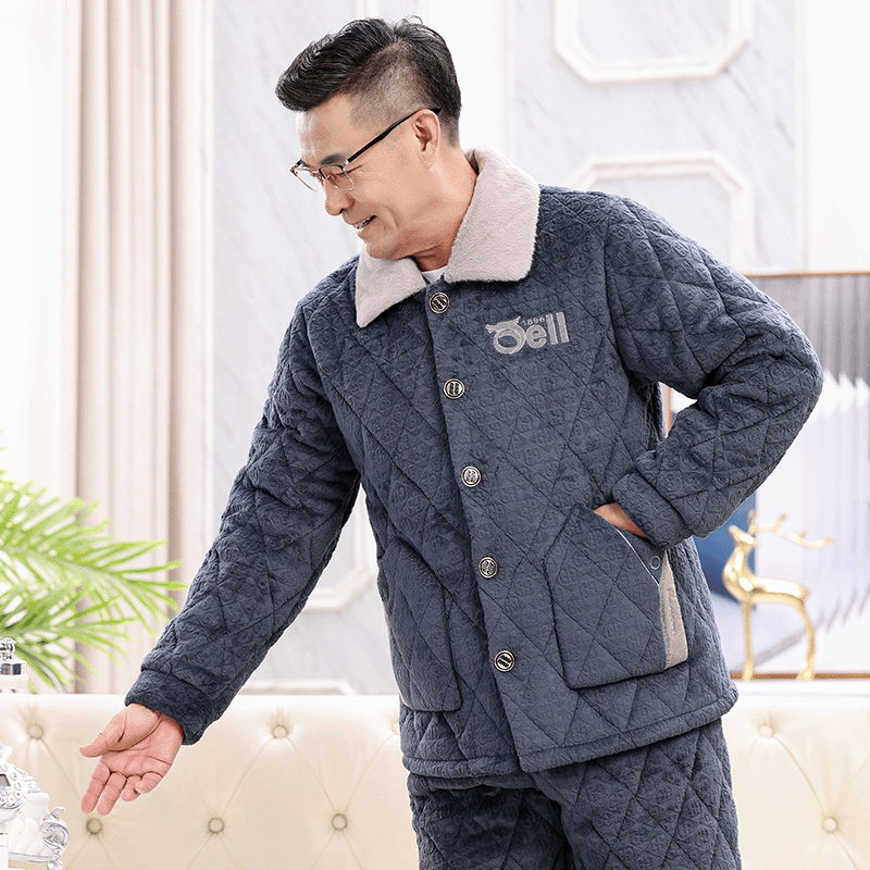 男士睡衣秋冬季三层加厚加绒珊瑚绒夹棉中老年保暖爸爸家居服套装