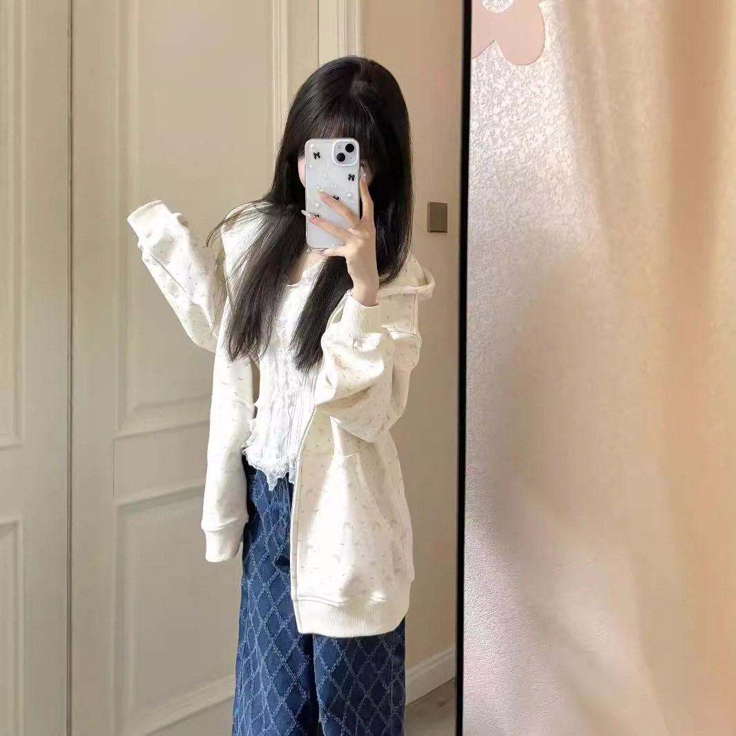 港味复古碎花潮牌连帽卫衣女宽松慵懒上衣秋冬款外套开衫薄款加绒