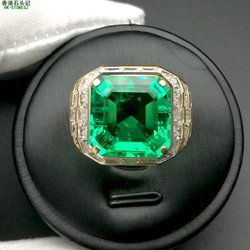 11年厂家直销 哥伦比亚再生祖母绿 18K金方形男戒  11.7MM 9.5CT