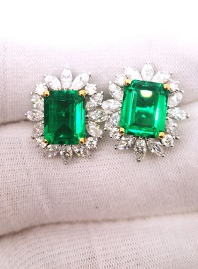 哥伦比亚再生祖母绿 水热法培育祖母绿 9K金耳钉 9X7MM 4CT 超美