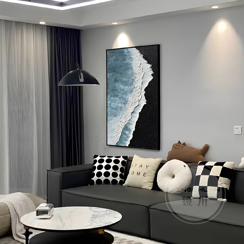 蓝色海浪现代简约高级感沙发背景墙装饰画入户玄关挂画肌理艺术画