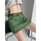 裙 防走光A字包臀西装 美式 复古字母刺绣绿色格子显瘦短裙女腰带款