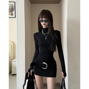 法式气质紧身包臀裙短款春季高级感修身性感内搭黑色长袖连衣裙女
