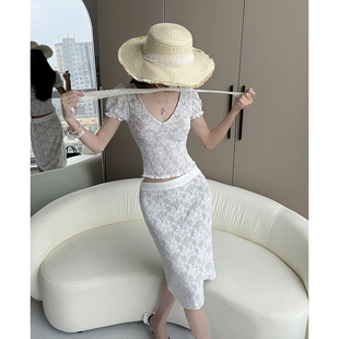 MianCun纯欲风V领蕾丝上衣女T恤夏鱼尾包臀半身裙套装气质两件套