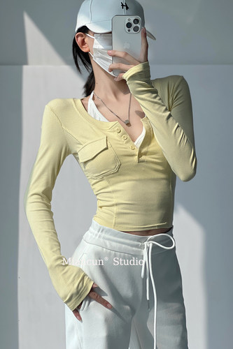 辣妹两穿黄色短款上衣女