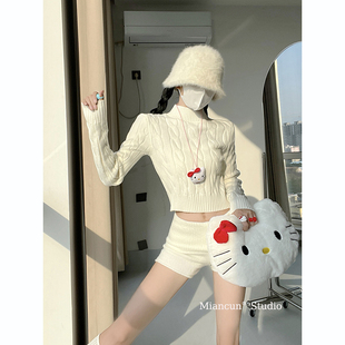 jennie同款麻花短款毛衣女套头简约慵懒风露脐短款别致针织衫上衣